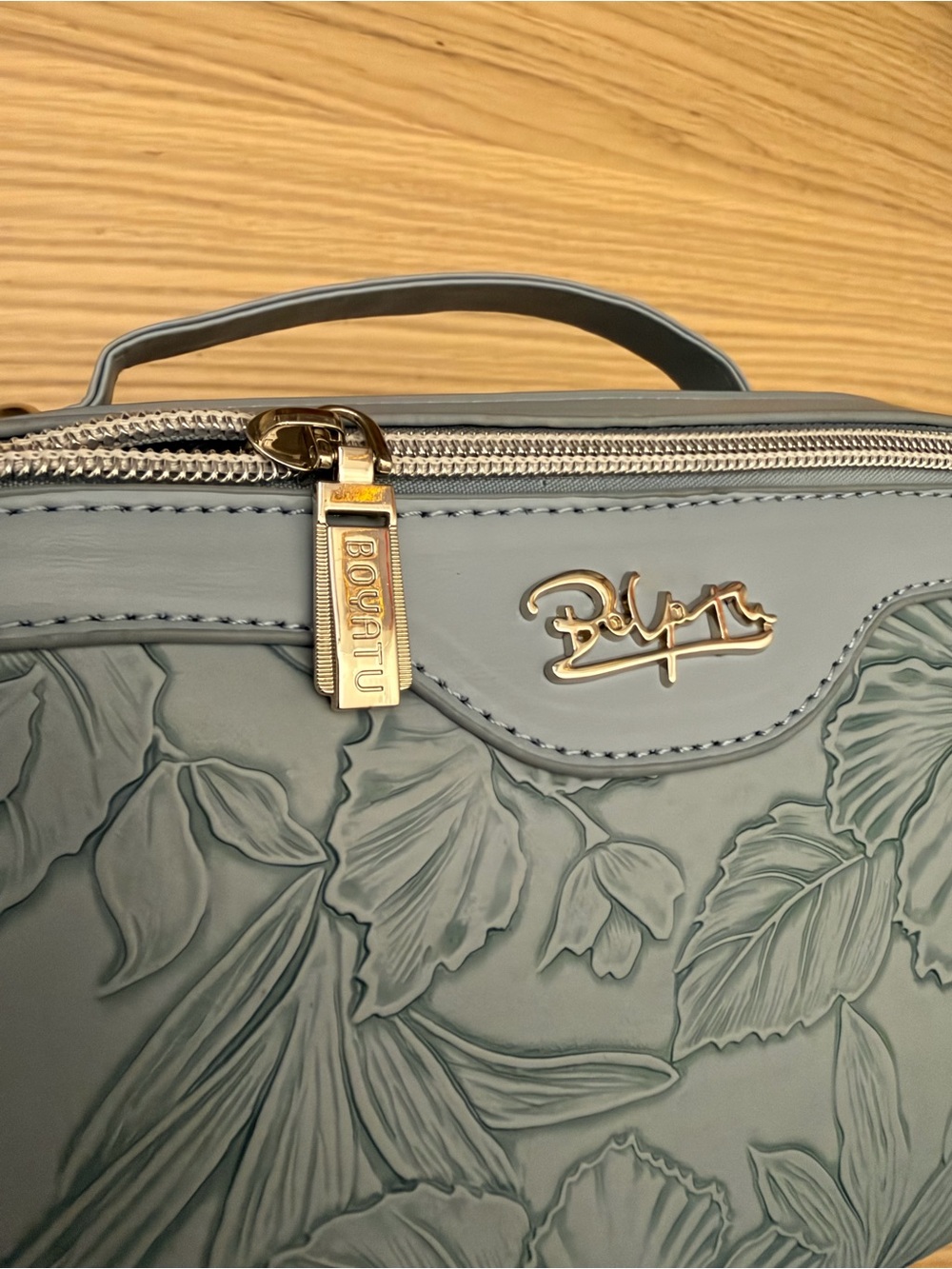 Elegant Blue Floral Embossed Top-Handle Tote
